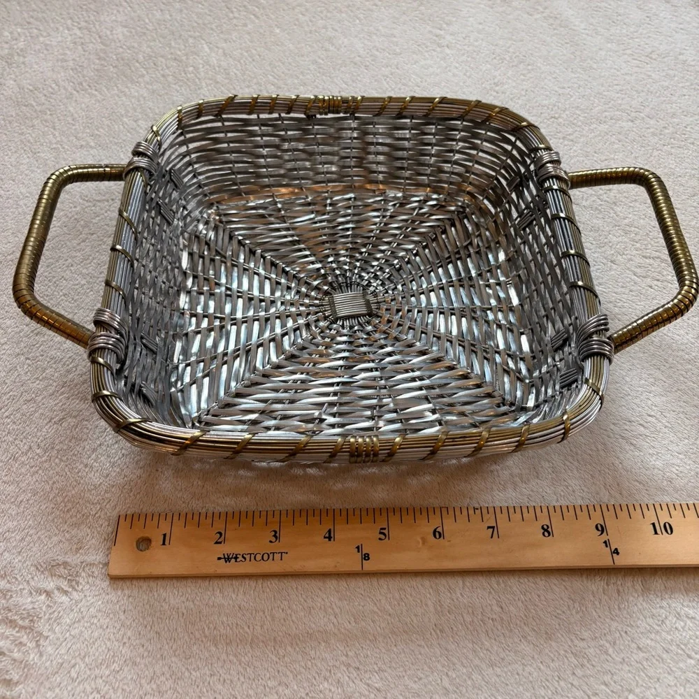 Woven Metal Square Serving Basket with Handles - Silver and Brass NWT